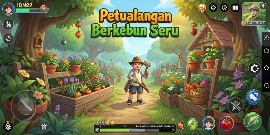 Screenshot gameplay IDN89 menampilkan suasana kebun yang indah dan interaktif.