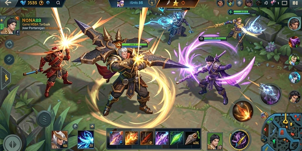 Tampilan gameplay menegangkan dengan aksi karakter di arena MOBA.