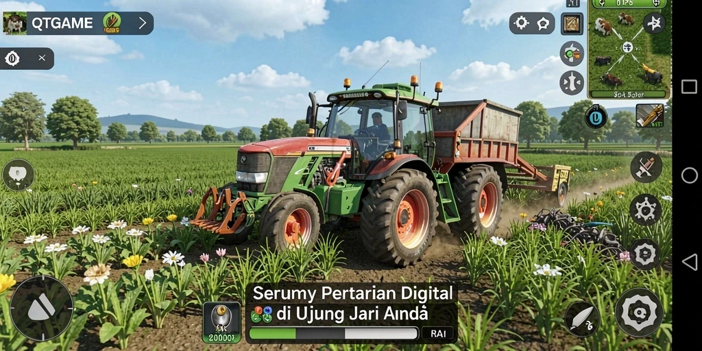 Tampilan gameplay QTGAME dengan ladang hijau yang subur.